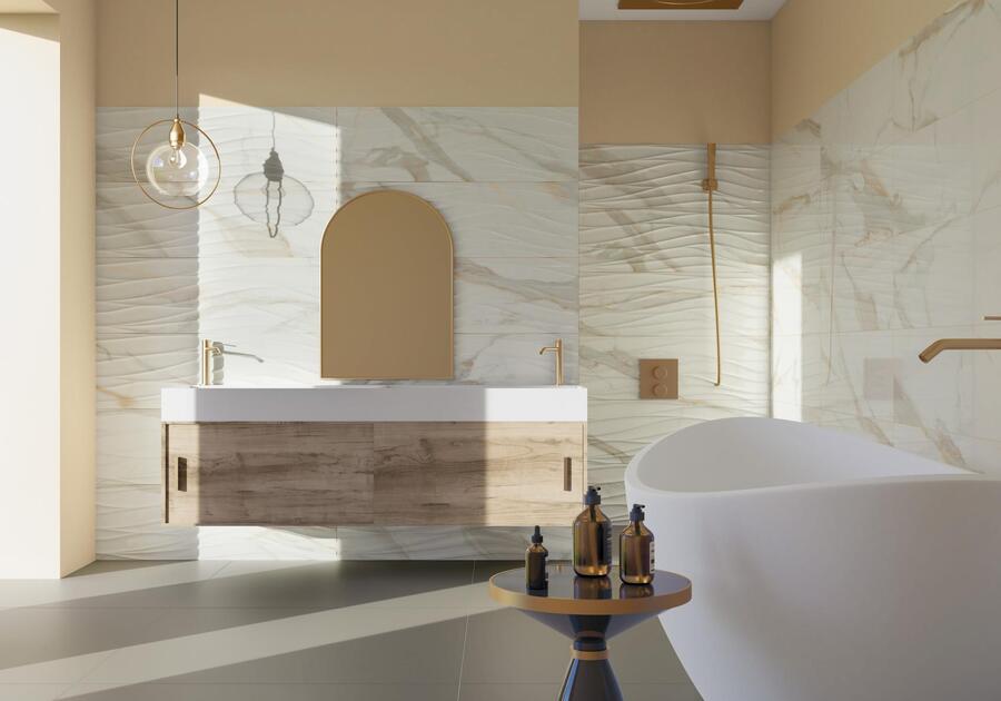 salle de bain avec meuble imitation bois et vasque blanche, baignoire ilot et faïence marbré beige brillante